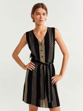 Mango Sleeveless Button-Front Dress with Waist Tie in Black & Beige